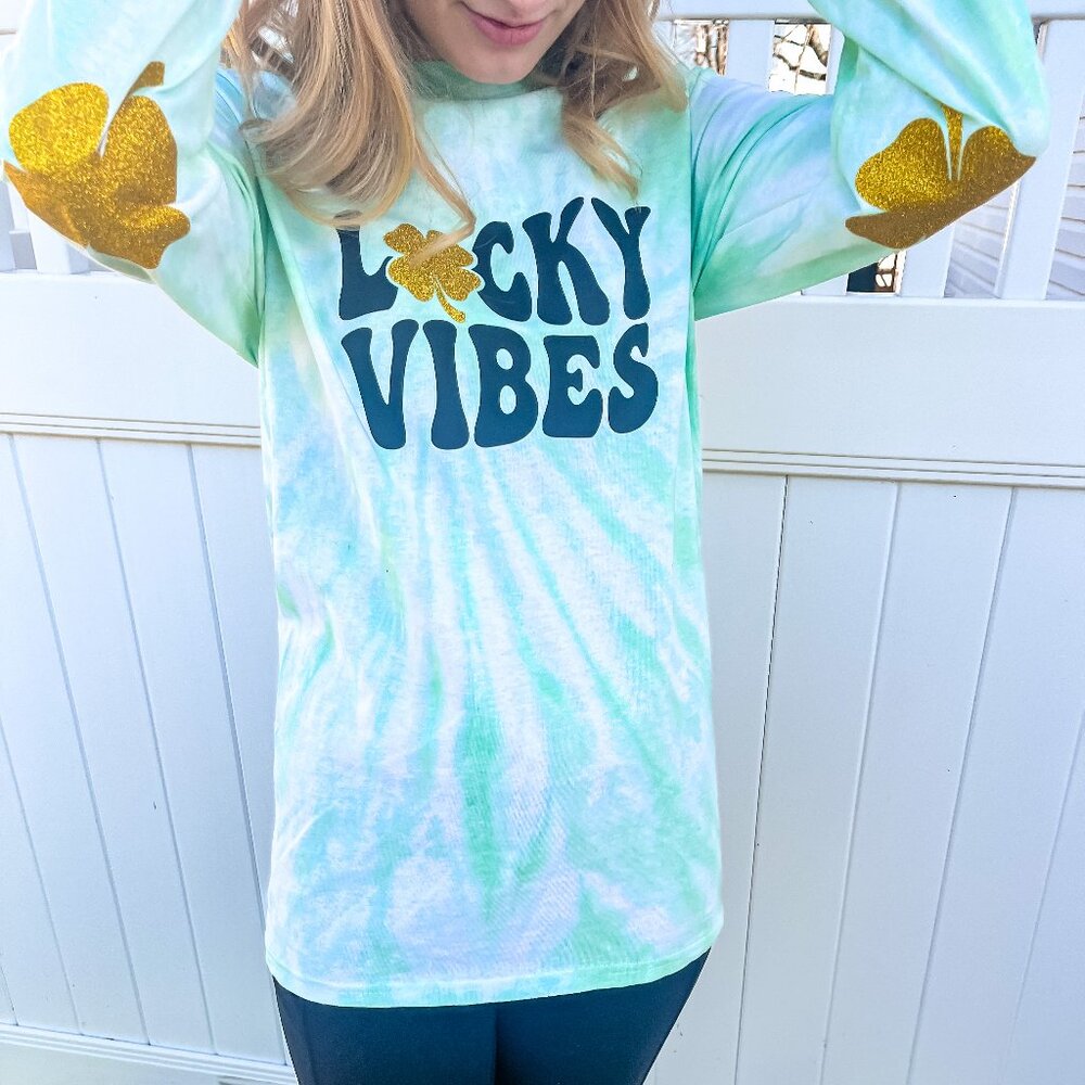 Adult Small Lucky Vibes Green Spiral Tie-Dye Long Sleeve Shirt